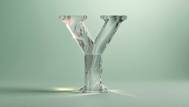 Standing glass-like letter Y displaying swirled green marbled pattern on pale green studio surface - Powered by Adobe