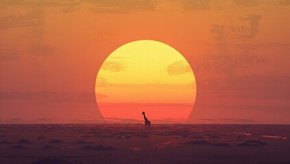 Standing giraffe silhouette framing glowing sun above open savanna at sunset, with sparse shrubs