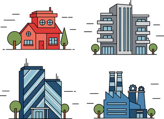 Fototapeta premium Modern building icons set, flat line architecture illustrations, residential house and commercial office skyscraper, industrial factory eps vector