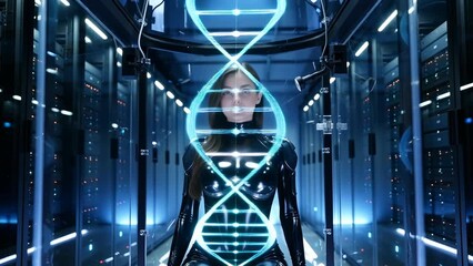 Futuristic Female Hologram in Sci-Fi Server Room Featuring DNA Strand Technology - Powered by Adobe