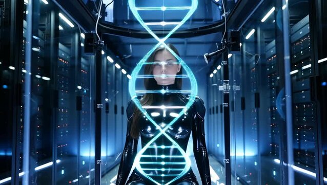 Futuristic Female Hologram in Sci-Fi Server Room Featuring DNA Strand Technology
