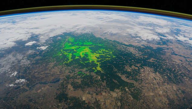 Displaying neon green overlay highlighting field grid in orbit with Earth horizon, atmospheric glow