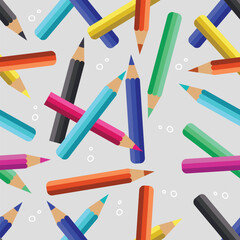 Seamless vector pattern featuring a variety of colorful pencils scattered randomly on a modern, light gray background.