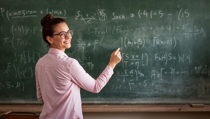 Writing teacher with glasses and pink shirt explaining algebra equations on chalkboard in class