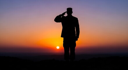 Silhouette of a soldier saluting at sunset conveys respect, honor, and patriotic duty for national campaigns