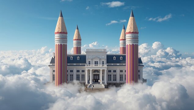 Standing visitors in suits admiring neoclassical mansion above clouds, with pencil-shaped turrets