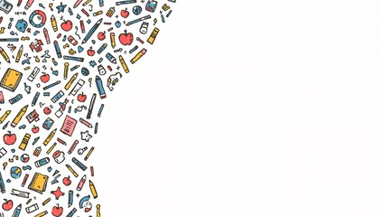 Showing diagonal doodle band including pencils test tubes paintbrushes on white field, copy space