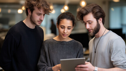 A team reviews data, the tech scene illuminated by gentle light. Team, data, with copy space