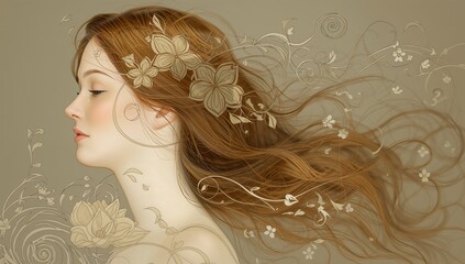 Female profile presenting flowing auburn hair on beige backdrop, with gold floral motifs