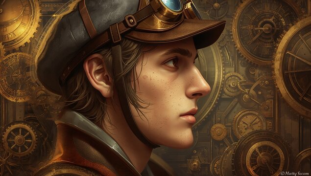 Studying clockwork, male teenager wearing steampunk cap and goggles in workshop, with brass gears - Powered by Adobe