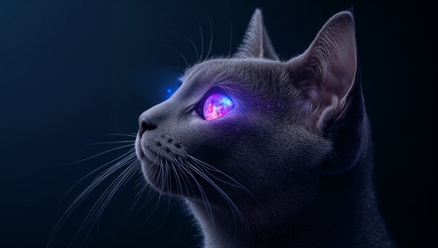 Gazing gray shorthair cat showing glowing cosmic eye in studio with blue nose light, copy space