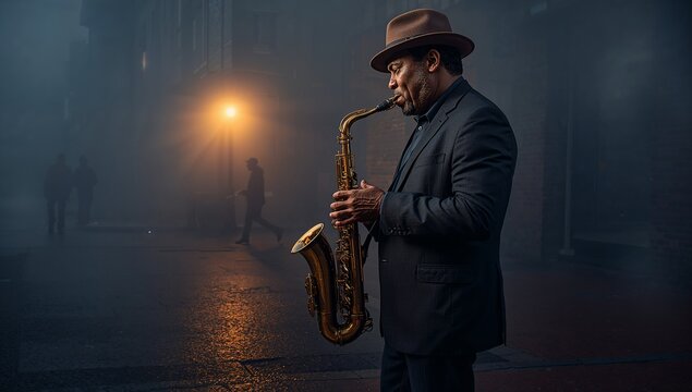 Solo saxophonist playing saxophone on foggy street at night, with fedora and lamp glow, copy space - Powered by Adobe