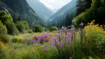 Obraz premium Wildflowers in a valley, the colorful scene illuminated by soft light. Wildflowers, valley, with copy space