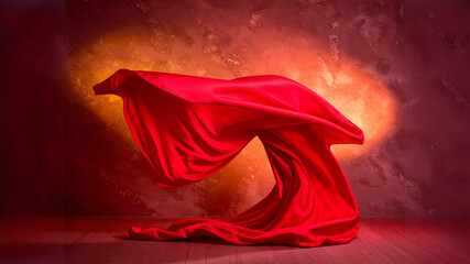A dynamic image of a large piece of red fabric suspended in mid-air, forming a graceful, wave-like shape. The rich texture and movement are highlighted by dramatic lighting against a warm, abstract ba