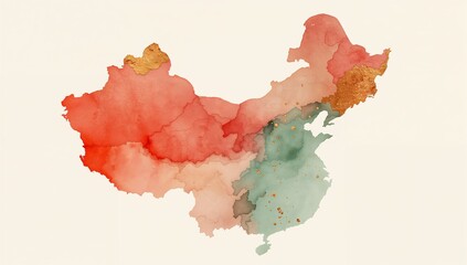 Displaying watercolor map of China on cream canvas, highlighting gold foil accents with gradients