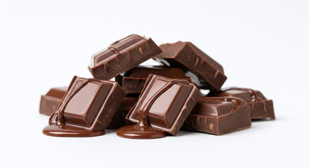 A close up shot of a pile of chocolate pieces with some melting on a white background surface