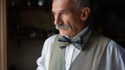 A portrait with mustache and bow tie, the artistic scene illuminated by gentle light. Portrait, art, with copy space