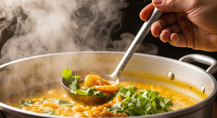 A close up of a hand using a ladle to serve a steaming pot of shrimp and cilantro soup dish
