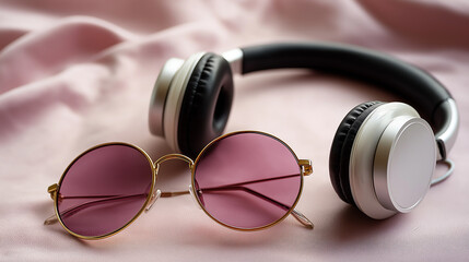 Headphones and sunglasses on pink, the stylish scene illuminated by soft light. Headphones, flatlay, with copy space