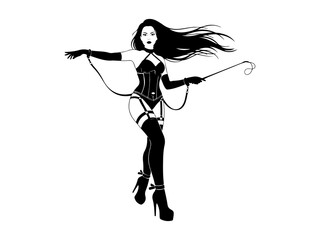 Female Dominatrix in high heels with a whip cosplay