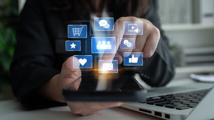 Icons representing social media interaction, communication, and engagement. Social media builds community, social media drives connection, and social media influences behavior. Latch