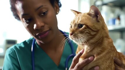 Veterinarian Examines Ginger Tabby Cat Upper Torso Close Up View in Clinic Setting Young African American Woman in Green Scrubs and Stethoscope Checking Throat for Health Campaign
