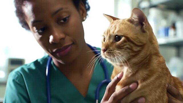 Veterinarian Examines Ginger Tabby Cat Upper Torso Close Up View in Clinic Setting Young African American Woman in Green Scrubs and Stethoscope Checking Throat for Health Campaign