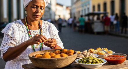 Woman preparing acarajé in salvador bahia with traditional clothing and street food stall scene