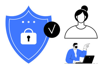 Blue shield with lock and checkmark representing secure systems, side-by-side with a professional team and user icons. Ideal for cybersecurity, online safety, data protection, authentication