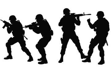 Four Silhouette Soldiers in Dynamic Poses with Rifles on White Background military army