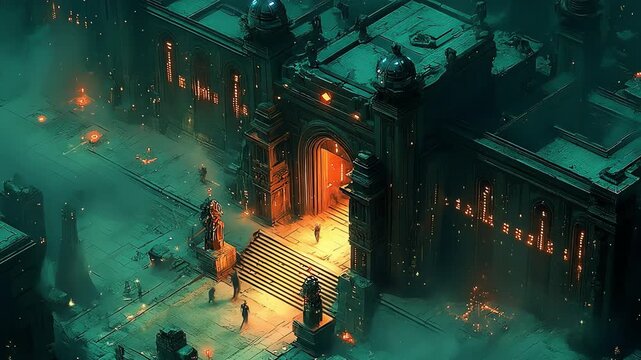 Isometric City Gate at Night with Eerie Green Lighting and Figures.