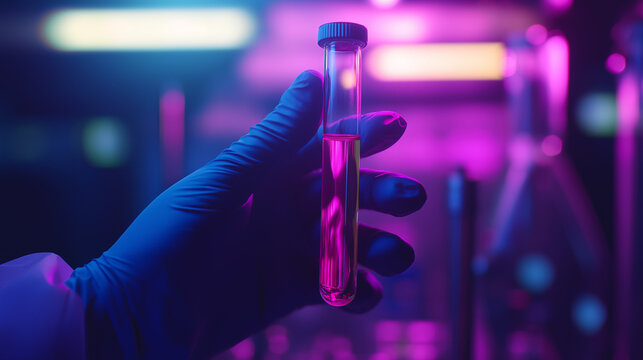 Doctor's hand holding test tube with blood sample on color background.