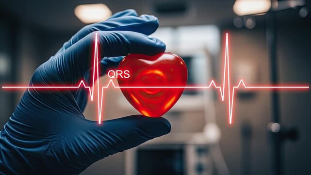 Hand in blue glove holding heart with qrs complex line illustration over it