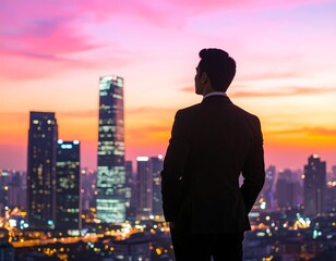 Fototapeta na wymiar Businessman at sunset city view