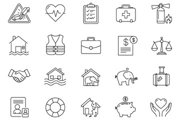 Fototapeta premium Collection of Insurance and Safety Line Icons Representing Various Types of Coverage and Protection Services for Life and Property