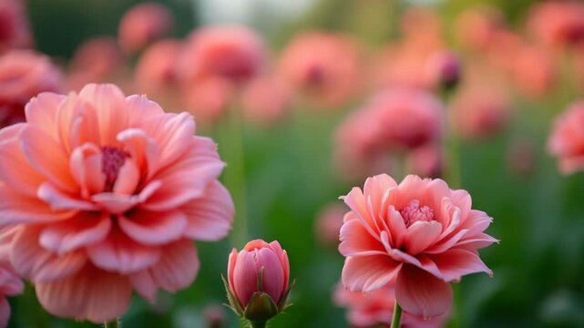 Many beautiful pink flowers. Summer day in an incredibly beautiful flowering garden.