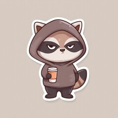 Raccoon in hoodie with coffee cup 