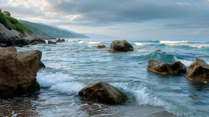 Obraz premium A coastline with waves and rocks, the serene scene illuminated by gentle light. Coastline, waves, with copy space