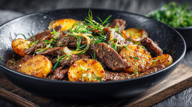 Appetizing stir fry in a black pan with thinly sliced beef and large round potato slices. The potatoes and meat look super juicy and glistening under bright light, mixed with onions and topped with fr
