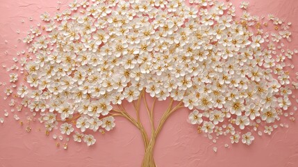 Elegant tree with white flowers and gold accents on a textured pink background creating a serene and artistic scene