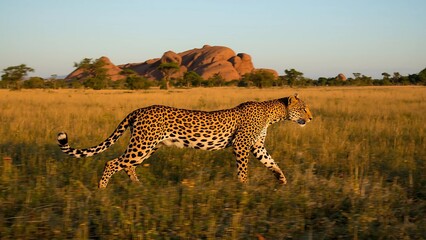 Cheetah Walking Through Grassy Savanna with Rock Formations and Trees in Natural Habitat