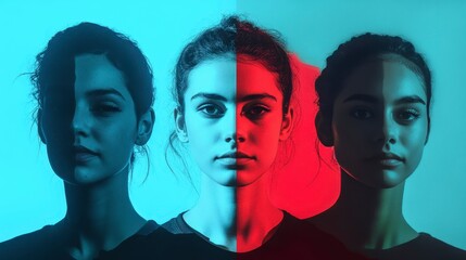 Three young women's faces, split by vibrant red and blue light, creating a tri-faceted portrait.