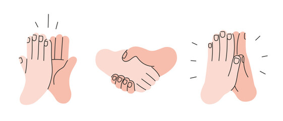 Handshake, high five gesture and clapping hands. Agreement, teamwork and applause concept. Trendy modern vector illustration isolated on white background, hand drawn, flat design