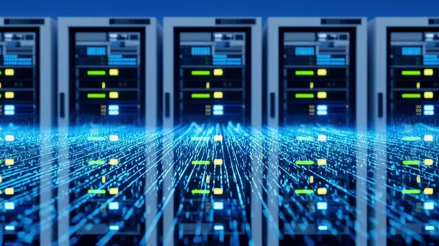Dynamic animation simulation of timecode data flowing through multiple synchronized servers illustrating realtime time alignment in complex networks.