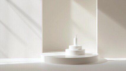 Minimalist White Scene with Tiered Podium and Stylized Tower in Soft Light