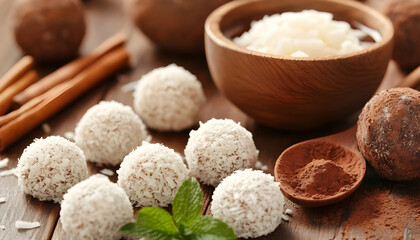 Fototapeta premium Delicious homemade candies with cocoa powder, coconut flakes and tea on wooden table, closeup