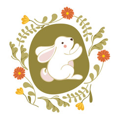Collection of rabbits and forest elements. Folk style. Cute white rabbit sitting in a frame with flowers, leaves, and colorful decorations for Easter decoration. Decorative picture. Forest theme.