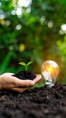 A hand holding a small sprout in soil next to a glowing lightbulb.  A blurred natural background