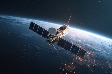 Fototapeta premium Sleek High-Tech Artificial Satellite Orbiting Earth Amid Twinkling Stars
