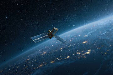 Obraz premium Sleek High-Tech Artificial Satellite Orbiting Earth Amid Twinkling Stars